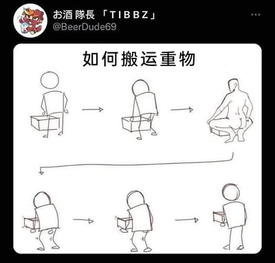 这是一张以“如何搬运重物”为主题的搞笑连环线稿梗图，整体采用简笔画风格。图中先是模拟正确搬运重物的姿势引导，随后用荒诞的转折——将人物变为裸体坐在箱子上的形象，再衔接回搬运姿势，最终给出“给箱子装上轮子轻松推行”的偷懒式解决方案，通过夸张、无厘头的画面变化，调侃了标准搬重物姿势的繁琐，用幽默的方式呈现日常里的“小聪明”，制造出反差笑点。
