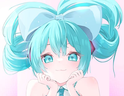 这是一幅虚拟歌姬初音未来的同人插画，她标志性的薄荷色双马尾搭配了同色系大蝴蝶结，双手托着脸颊，眼眸中带有心形高光，脸颊泛起淡粉红晕，露出温柔腼腆的微笑。背景为浅粉色渐变，点缀着细碎星光，整体画风清新柔和，营造出甜美治愈的氛围。