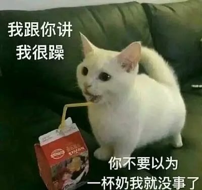 这是一张非常流行的猫咪表情包，画面中一只表情严肃、略带凶猛的小白猫，正用吸管喝着一盒奶茶，旁边还配有中文大字：“我跟你讲我很躁”和“你不要以为一杯奶我就没事了”。这句话暗示了猫咪虽然收到了“奶茶”的安慰，但实际上火气还没消，表达了一种“生气归生气、别想用点小恩小惠糊弄我”的情绪。画面带有明显的反差萌和调侃意味。

**谐音/双关梗分析**：没有明显谐音梗，但有情绪反转和插科打诨的网络幽默风格。