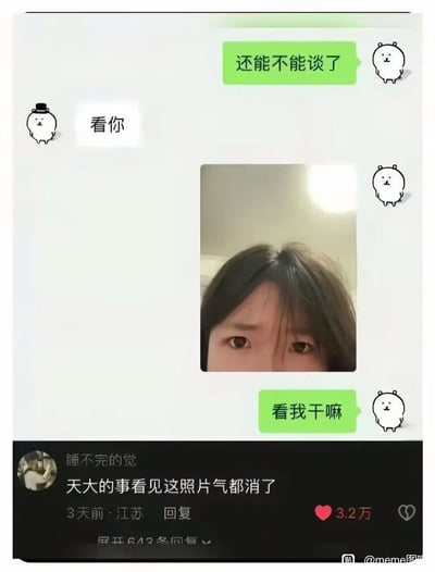 整张图是社交平台的聊天记录结合评论的截图，上方是情侣的聊天界面：绿色气泡的发言方先发问“还能不能谈了”，另一方回复“看你”并附带一张仅露出额头与眼睛、神态委屈无辜的女生自拍，随后绿色气泡发言方回复“看我干嘛”，聊天界面还配有简笔白色小熊的头像标识。截图下方是其他用户的评论区内容，用户“睡不完的觉”留言称“天大的事看见这照片气都消了”，该评论收获3.2万点赞，标注为3天前发布于江苏。