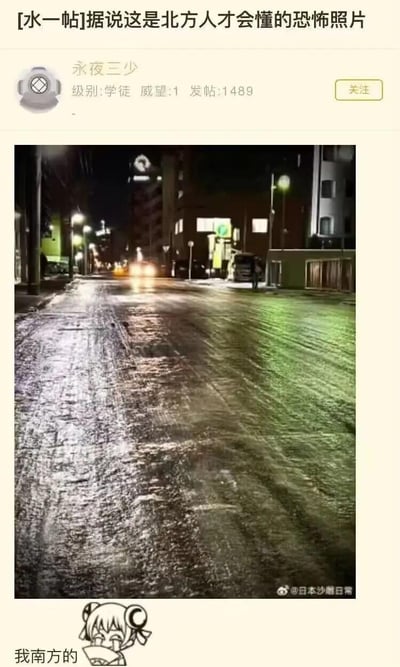 这是一张论坛帖子截图，楼主发布了一张夜晚结冰的路面照片，配文称这是北方人才会懂的恐怖照片，下方有南方用户回复“我南方的”并配上捂脸哭泣的卡通表情包。北方冬季的这种结冰路面非常湿滑，行走或开车都很容易滑倒、打滑，对北方人来说是一种日常的“恐怖”体验，南方人大多没有这种生活经历，无法体会这种路面的危险与麻烦，通过南北生活差异的反差制造搞笑共鸣的效果。