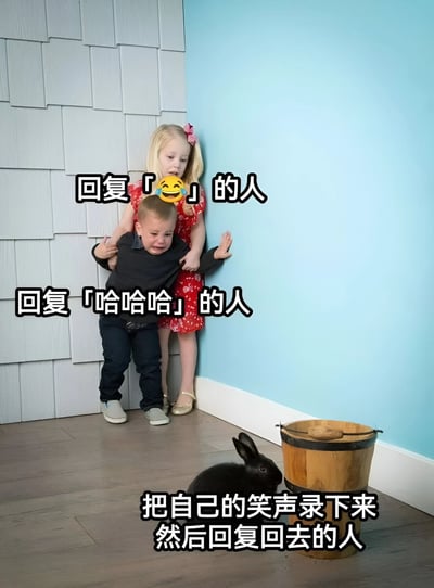 图片展示了两个小孩和一只兔子在室内墙角的场景。穿红色连衣裙的女孩站在后面扶着穿黑色上衣的男孩，男孩看起来正在哭泣。右下角有一只黑兔子和一个木桶。图片通过文字对比了三种不同的笑声回复方式：回复「😂」的人、回复「哈哈哈」的人和把自己的笑声录下来然后回复回去的人。