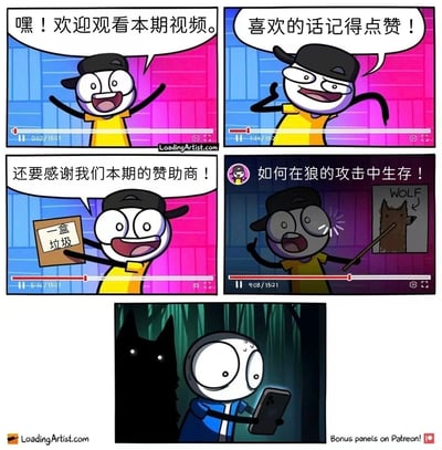 这是一幅由Loading Artist创作的五 panel 连环漫画，描绘了一个视频博主的搞笑经历。前四格展示博主热情地欢迎观众、请求点赞、感谢提供"一盒垃圾"的赞助商，并讲解"如何在狼的攻击中生存"。最后一格出现反转，显示博主本人正在森林中被狼袭击，同时还在看自己的教学视频。