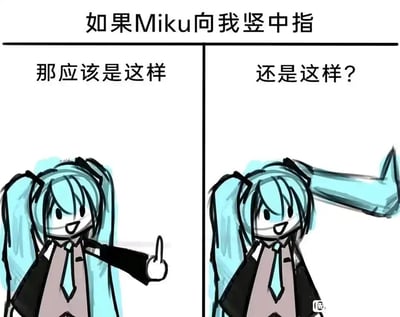 这是一张左右分栏的手绘涂鸦风格梗图，顶部标题为“如果Miku向我竖中指”。左侧分栏配有文字“那应该是这样”，绘制了蓝绿色双马尾的虚拟歌姬初音未来，她面带开心的笑容，伸出一只手比出中指；右侧分栏配有文字“还是这样？”，同样是面带笑容的初音未来，不过将她标志性的其中一根长马尾弯折成了中指的形状，利用初音未来的形象特征进行恶搞，用夸张的脑洞制造出趣味效果，整体画风简单随性，充满二次元粉丝向的玩梗趣味。