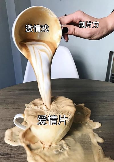这是一张带有讽刺意味的影视行业梗图，利用视觉错位的创意摄影效果：画面中一只手（标注为“制片方”）拿着装有液体（标注为“激情戏”）的杯子，向桌面的杯子图案（标注为“爱情片”）倾倒液体，实际液体是倒在桌面上，营造出液体“倒进”杯子的错觉。图中通过这个场景讽刺了当下影视行业中，部分制片方为了吸引流量，不顾爱情题材影片的本身调性，强行加入大量激情戏内容，导致影片内容变味、结构被破坏，如同本该倒进杯子的咖啡洒得到处都是，失去了原本的样子。