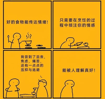 这是一张四格连环漫画，背景为统一的黄色。第一格中，一个简笔画小人手持勺子，面前有一口冒着热气的锅，上方文字写着“好的食物能传达情绪！”；第二格，小人正在用刀切苹果，配文“只需要在烹饪的过程中倾注你的情感”；第三格，两个小人相对而坐，其中一人正在品尝食物，文字内容为“我尝到了沮丧，焦虑，痛苦，还有一点点的压抑与逃避”；第四格，一个小人闭眼微笑，下方文字是“能被人理解真好！”。漫画通过反差幽默展现了烹饪时倾注负面情绪后，食物被品尝出负面情感，最终却因被理解而感到欣慰的场景。