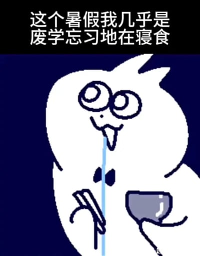 这是一张顶配底文形式的静态卡通表情包，深蓝色背景上是一个白色抽象卡通形象，它双眼圆睁发直，嘴角流出长长的口水，手中捧着一个杯子，神态和动作都充满了颓废、摆烂的感觉。顶部配文“这个暑假我几乎是废学忘习地在寝食”，精准对应画面传达的状态，用夸张的视觉效果和直白的文字，自嘲式地展现出学生群体在暑假期间彻底放松，抛开学习任务，只顾在宿舍吃喝躺平的生活状态，风格搞笑接地气，容易引发同类群体的共鸣。