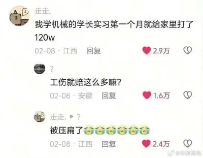 图片为社交媒体评论区截图，用户“走走.”发帖称“我学机械的学长实习第一个月就给家里打了120w”，引发其他用户幽默调侃“工伤就赔这么多嘛？”，原帖用户用“被压扁了😭😭😭😭😭😭”回应，通过夸张收入与工伤赔偿的联想制造搞笑效果，展现职场实习相关的轻松调侃氛围。