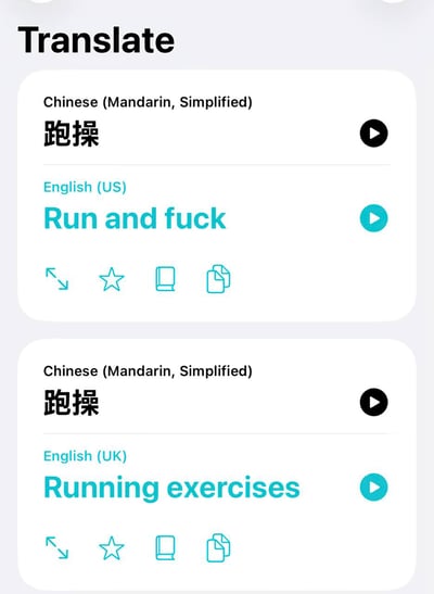这是一张翻译应用的界面截图，分为上下两个对比模块，均展示了简体中文词汇“跑操”的英译结果：上半部分是美式英语翻译结果，出现严重错漏，将“跑操”误译为低俗不雅的英文短语“Run and fuck”；下半部分是英式英语翻译结果，为正确的“Running exercises”，二者反差强烈，荒诞搞笑，直观展现出部分机器翻译存在的错译问题。
