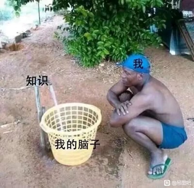 这是一张经过文字加注的真人生活照片改编的搞笑梗图。图中一名上身赤裸、穿着蓝色短裤和绿色拖鞋的男子，戴着一顶被标注为“我”的蓝色帽子，他蹲在户外泥土地上，双臂抱胸，脸上露出无奈惆怅的神情，看向旁边的场景。画面左侧，一根被标注为“知识”的水管正在出水，水流下方是一个被标注为“我的脑子”的镂空塑料筐，筐的缝隙很大，水管流出的水直接从筐的缝隙漏到地上，没有被筐接住。这个画面生动形象地比喻了很多人在学习时的状态：知识刚进入自己的脑子就马上流失，完全记不住，用直观且搞笑的方式调侃了自己记性差、学习效率低下的情况，容易引发有类似学习困扰的人的共鸣。