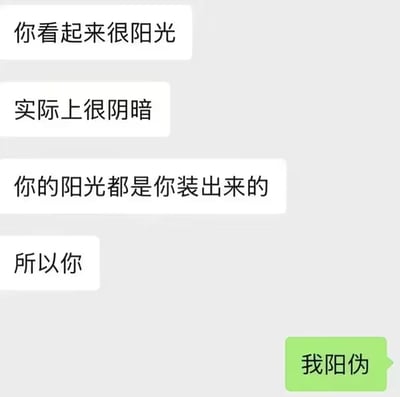 这是一张即时通讯软件的聊天记录截图，浅灰色聊天背景下，左侧白色气泡为聊天发起方的发言，内容依次为「你看起来很阳光」「实际上很阴暗」「你的阳光都是你装出来的」「所以你」，意在指出对方外在的开朗状态是伪装的，实际性格偏阴郁；右侧绿色气泡为聊天回复方的回应，内容为「我阳伪」，利用谐音梗将「伪装的阳光」缩写为「阳伪」，谐音不雅词汇「阳痿」，形成强烈的反差搞笑效果。