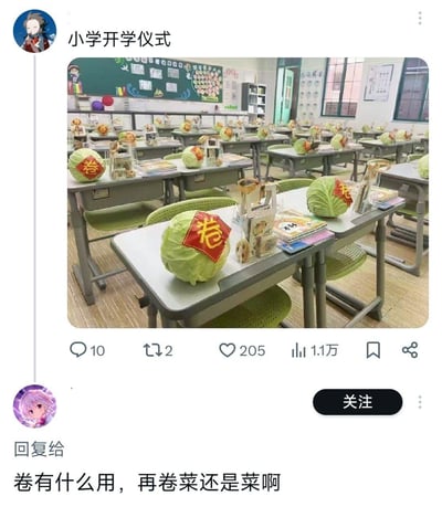 一张社交媒体截图，展示了小学开学仪式的教室场景。教室里整齐排列着课桌，每张课桌上都摆放着一颗卷心菜，卷心菜上贴着写有“卷”字的红色标签。图片上方有“小学开学仪式”的标题，下方有一条评论：“卷有什么用，再卷菜还是菜啊”。

图片使用了双关语：“卷”既指卷心菜，又是网络流行语“内卷”的简称，讽刺了当前教育环境中过度竞争的现象。