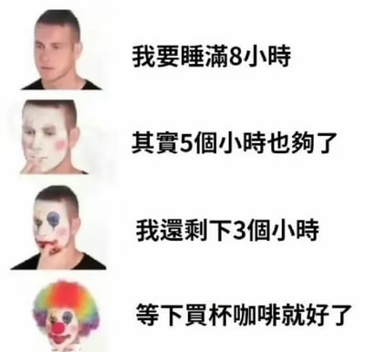 这是一组四格连环梗图，通过一名男性逐步化上小丑妆容的画面，搭配对应文字展现人们对睡眠时长的心态递进变化：第一格人物面容正常，配文“我要睡满8小时”，展现最初对充足睡眠的期待；第二格人物开始化小丑底妆，配文“其实5个小时也够了”，体现睡眠期待的第一次妥协；第三格人物已经化了部分小丑眼妆和唇妆，配文“我还剩下3个小时”，表现睡眠时长大幅缩减后的无奈接受；第四格人物完全变成小丑造型，配文“等下买杯咖啡就好了”，呈现出彻底放弃睡眠期待，打算靠咖啡提神的破罐破摔心态。
这组图用小丑妆容的递进，生动调侃了当代人因工作、娱乐等各种原因无法保证充足睡眠，不断降低自身睡眠预期的无奈现状，精准戳中很多熬夜、睡眠不足人群的真实生活体验，无谐音梗、双关或暗示内容。
