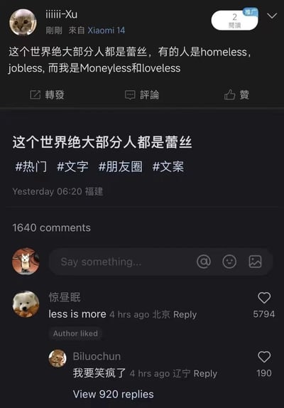 这是一张社交媒体截图，展示了用户"iiiiii-Xu"发布的一条自嘲式动态。内容以幽默方式表达了当代年轻人的生活困境，通过文字游戏将"蕾丝"与英文后缀"-less"结合，创造出"Moneyless"(没钱)和"Loveless"(没爱)的自嘲表达。截图包含原帖内容、发布信息及热门评论区，其中一条高赞评论"less is more"形成有趣呼应。