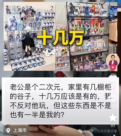 这是一张结合二次元周边展示与家庭财产疑问的社交媒体截图：上方是满满一房间的二次元周边（包含手办、玩偶、立牌、徽章等“谷子”），中间用醒目的黄色大字标注“十几万”，点明这些周边的总价；下方是用户的投稿文案：“老公是个二次元，家里有几橱柜的谷子，十几万应该是有的，我不反对他玩，但这些东西是不是也有一半是我的？”，右侧带有抖音情感类博主的头像，整体围绕二次元周边是否属于夫妻共同财产展开讨论，无谐音梗、双关或暗示内容。