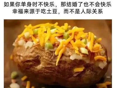 图片上方配有文字：'如果你单身时不快乐，那结婚了也不会快乐 幸福来源于吃土豆，而不是人际关系'，下方是一张特写的烤土豆照片，土豆表面覆盖着融化的黄色芝士碎、绿色葱花和培根碎，看起来十分美味。图片通过幽默的方式调侃人际关系与单身生活，将幸福来源夸张地归结为吃土豆，营造轻松诙谐的氛围。