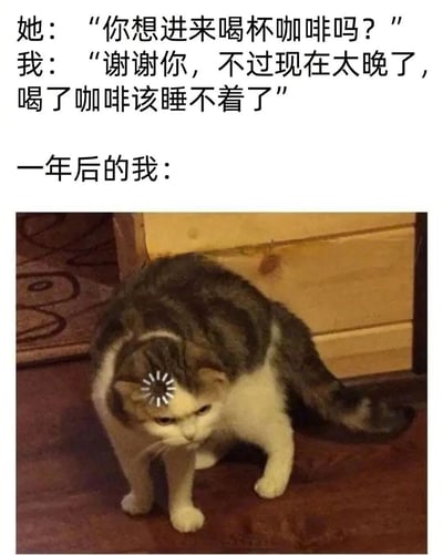 图片上半部分为文字对话：“她：‘你想进来喝杯咖啡吗？’ 我：‘谢谢你，不过现在太晚了，喝了咖啡该睡不着了’”，下半部分是一只头部带有白色小花图案的灰白相间猫咪，低头站立在木地板上，表情显得懊悔。整体通过文字与猫咪表情的结合，幽默地表达了因拒绝社交邀请而产生的后悔情绪。