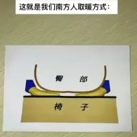 这是一张调侃南方冬季取暖的趣味梗图，上方配文“这就是我们南方人取暖方式：”，下方是卡通风格的图案，将标注“臀部”的图形放在标注“椅子”的靠背位置，形成类似围脖的视觉效果。
谐音梗说明：利用“椅”谐音“以”、“部”谐音“脖”的谐音梗，将“椅子”和“臀部”组合成“以椅为脖”的趣味说法，调侃南方没有集中供暖，取暖只能靠自己想出各种“硬核”办法，充满搞笑的反差感，精准戳中南方冬季取暖的痛点，引发南方网友共鸣。