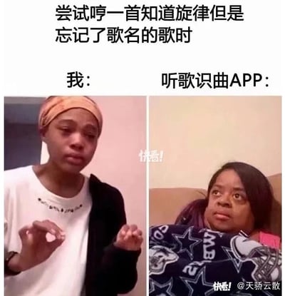 这是一张左右对比的搞笑文字加注梗图，上方配文点明场景“尝试哼一首知道旋律但是忘记了歌名的歌时”，左侧标注“我：”，对应的人物眉头紧皱，双手做出捏合比划的动作，表情纠结又努力，生动还原了人们想通过哼歌找歌名时，努力想把旋律哼准确却又哼得走调费劲的状态；右侧标注“听歌识曲APP：”，对应的人物裹着毯子，眼神迷茫困惑地向上看，精准表现出听歌识曲APP面对走调又模糊的哼唱时，完全无法识别的懵圈状态。整张图用真实的人物表情和贴合日常的文字，调侃了大家日常中想通过哼歌找歌名却屡屡失败的尴尬又好笑的经历，容易引发大众共鸣。