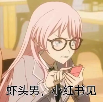 图中是动漫《citrus~柑橘味香气~》里的蓝原柚子，她留着粉色长发、戴着黑框眼镜，面露愤怒不满的神情，双手拿着红色手机，手指点触手机屏幕。图下方配文“虾头男，小红书见”，其中“虾头男”是“下头男”的谐音梗，用来指代让人感到厌恶、无语的男性，表达了要去以女性用户为主的小红书平台吐槽该男性的情绪，是用来发泄对不满男性的愤怒的表情包。