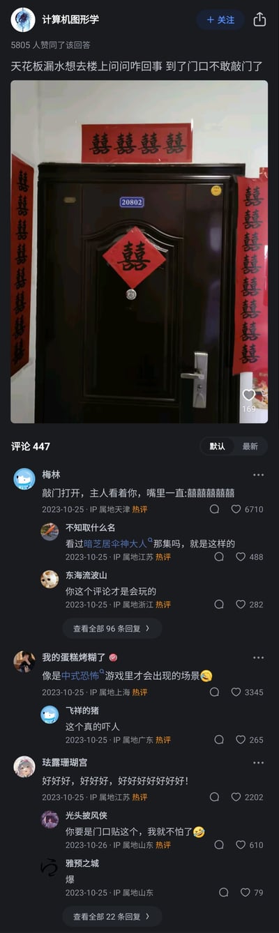 这是一条来自知乎平台的帖子，发布者账号为“计算机图形学”，因自家天花板漏水，前往楼上住户家询问原因，到达门口后，看到该住户的防盗门及门周围墙面贴满了多个“囍”字，密集的喜字搭配深色的门，营造出一种类似中式恐怖的诡异氛围，让发布者不敢敲门，于是拍下这张照片并配文发布。该帖子获得了5805人赞同，评论区有447条评论，网友们纷纷在评论区玩梗，有的模拟开门后住户的诡异反应，有的联想到恐怖动画《暗芝居》的场景，还有的称该场景如同中式恐怖游戏画面，用玩笑的方式放大了这个生活场景的诡异感，引发大量互动。