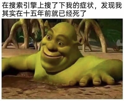 这是一张网友创作的搞笑梗图，上方配有吐槽文字“在搜索引擎上搜了下我的症状，发现我其实在十五年前就已经死了”，下方是动画电影《怪物史莱克》的截图。图中史莱克半个身子泡在泥水里，双手撑在泥地边缘，上半身探出水面，脸上露出扭曲、尴尬又带着错愕的怪异表情。这张图用夸张的文字结合史莱克的窘迫神态，调侃了人们在网络搜索引擎上自查身体症状时，往往会得到过度严重、甚至离谱的诊断结果的普遍现象，充满了幽默与讽刺的意味。