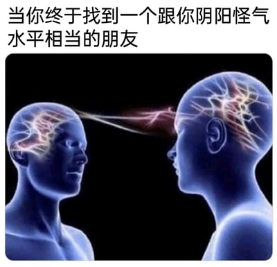 这是一张3D渲染风格的静态梗图，画面呈现两个头部轮廓相对的人像，他们的大脑区域有发光的神经线路，还有光线在两人之间连接，模拟出高强度思维交锋的视觉效果。图上方配文“当你终于找到一个跟你阴阳怪气水平相当的朋友”，用这种“精神对决”的视觉画面，生动调侃了两个擅长阴阳怪气的朋友交流时，棋逢对手、互相用话术交锋的趣味场景，精准捕捉到了朋友间这种独特又搞笑的互动氛围。