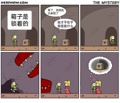 这是一幅六格原创搞笑漫画，讲述了绿衣冒险者在地下城遇到一个锁着的宝箱，嘴上说着“找钥匙太麻烦”“不在乎里面是什么”并转身离开；之后他在地下城遭遇了凶狠的红龙，成功脱险后遇到了金发公主，与公主亲昵互动时，他的脑海里却始终惦记着那个锁着的宝箱，通过这种嘴上不在意、内心满是执念的强烈反差，制造出搞笑的效果，讽刺了人们心口不一的行为。
