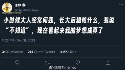 一张Twitter（现X平台）截图，用户@TheAdventurer发文调侃：小时候大人问长大后想做什么，自己总回答“不知道”，如今发现这个“梦想”竟然成真了——通过双关手法暗示至今仍对人生方向感到迷茫。内容以纯文字形式呈现，搭配平台互动数据（310转发、214引用推文、4.6K点赞），充满自嘲式幽默，易引发当代年轻人对职业规划的共鸣。