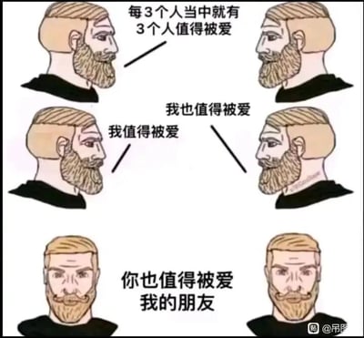 这是一组由三部分构成的连环图文内容，采用视觉错位的创意手法传递正向温暖的情绪。第一部分展示两个侧面朝向的络腮胡卡通人物，利用视觉错觉让二者看起来像三个独立个体，配文“每3个人当中就有3个人值得被爱”，从群体角度抛出正向观点；第二部分依旧是这两个侧面人物，分别配文“我值得被爱”和“我也值得被爱”，将群体的观点聚焦到每个个体的自我肯定上；第三部分则是两个正面朝向的络腮胡卡通人物，配文“你也值得被爱 我的朋友”，把这份自我肯定的温暖传递给观看者，完成从群体到个体再到他人的暖心递进，整体风格治愈，用巧妙的视觉设计包装了每个人都值得被爱的核心观点。