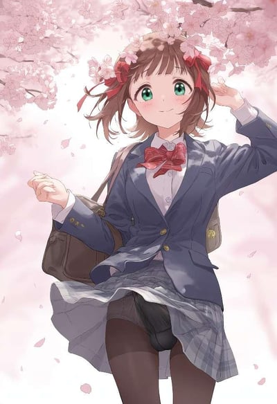 画面中是一位身着蓝色校服的动漫少女，她有着明亮的绿色眼睛和棕色短发，头发上系着红色蝴蝶结，发丝间还点缀着几朵樱花。少女面带微笑，左手抬起轻触头发，右手自然下垂，身后是盛开的粉色樱花树，花瓣正随风飘落，营造出浪漫的春日氛围。整体色调以粉色和蓝色为主，风格清新唯美。