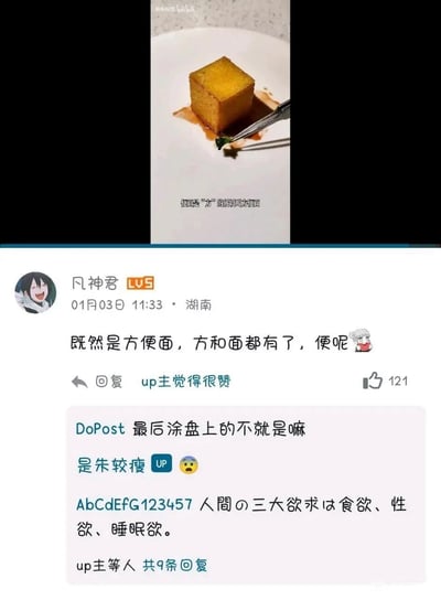 这是一张由B站视频片段与评论区拼接而成的图片，上方视频展示了一款被做成方块形状的创意“方便面”料理，配文解释“便面是‘方’的所以叫方便面”；下方是B站的评论区内容，用户“凡神君”针对“方便面”的名称玩梗提问“既然是方便面，方和面都有了，便呢”，用户“DoPost”回应称“最后涂盘上的不就是嘛”，up主“是朱较瘦”用惊讶表情回复该评论，凡神君的评论获得了up主点赞和121个用户点赞，整体是围绕美食名称展开的搞笑玩梗内容。