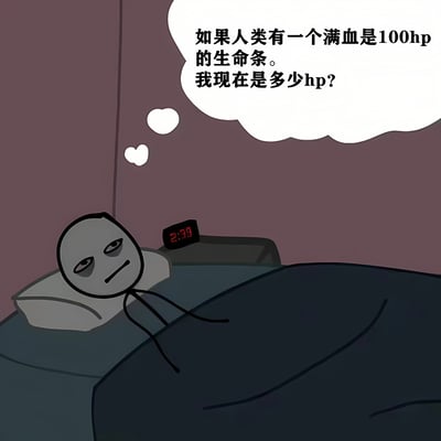 一张卡通风格的梗图，描绘了一个深夜无法入睡的人躺在床上思考自己的生命值。图中一个简单线条绘制的卡通人物面无表情地躺在床上，旁边的数字时钟显示时间为2:39。人物头上有一个思考泡泡，里面写着："如果人类有一个满血是100hp的生命条。我现在是多少hp?" 这张图通过游戏术语HP(生命值)来幽默地表达深夜失眠导致的疲惫状态，反映了现代人常见的睡眠问题和深夜emo情绪。