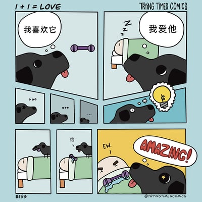 这是来自TRYING TIMES COMICS的编号为#153的连环漫画，标题为“1+1=LOVE”。漫画以可爱的卡通画风展开：第一格中，黑色狗狗看着紫色骨头玩具，内心想着“我喜欢它”；第二格，狗狗望着熟睡的主人，内心默念“我爱他”；随后三格是狗狗陷入沉思的画面，紧接着狗狗灵光一闪，冒出了主意。之后狗狗叼着骨头玩具，将它放在熟睡的主人脸上，主人被弄醒后露出嫌弃的表情，说出“EW.”，而狗狗则眼睛亮晶晶，满心欢喜地觉得“AMAZING!”，认为这是一份很棒的礼物。漫画通过狗狗单纯的行为，展现了宠物对主人纯粹又笨拙的爱意，充满温馨与搞笑的氛围。