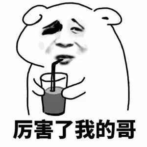 图片中是一个卡通熊形象，它有着圆润的头部和身体，面部表情戏谑，一只眼睛微眯，嘴巴叼着吸管正在喝手中的饮料杯里的饮品。图片底部配有文字“厉害了我的哥”，整体风格幽默，常用于社交媒体中表达对他人的赞赏或调侃。