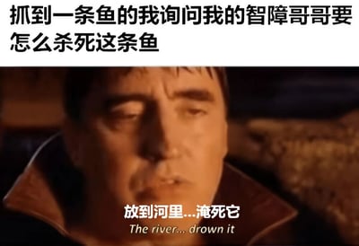 图片上方文字描述场景：'抓到一条鱼的我询问我的智障哥哥要怎么杀死这条鱼'，下方是一位男性人物的面部特写截图，人物表情略显困惑或严肃，底部配有文字'放到河里...淹死它'及英文翻译'The river... drown it'。通过让鱼淹死在河里这一荒诞建议制造幽默效果，凸显哥哥的缺乏常识。