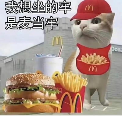 这是一张搞笑的猫咪梗图。猫咪穿着麦当劳员工服，脖子上挂着装薯条的围裙，头戴麦当劳红帽子，站在快餐店前。前景有麦当劳汉堡、薯条和饮料。大字写着“我想坐的车是麦当车”，这是典型的谐音梗，把“车”与“吃”的谐音与“麦当劳”结合，表达‘想吃麦当劳’的意思。整体风格沙雕、萌趣，常见于网上调侃、嘴馋、晒美食场景。