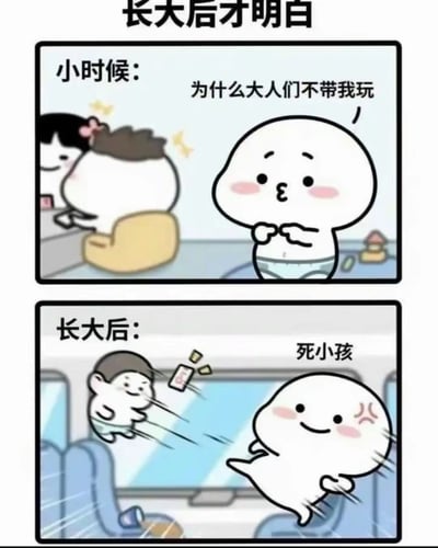 这是一张经典的反差梗图，通过上下两格展现小时候和长大后的心态变化。小时候不被大人带玩总觉得委屈，长大后却亲身体验大人“不带孩子玩”的真实原因，甚至成为“驱逐”小孩的那一方。画风软萌，情绪自嘲幽默。

梗图没有明显的谐音梗或双关，只是以强烈的反差制造笑点，表达一种长大领悟后的调侃。