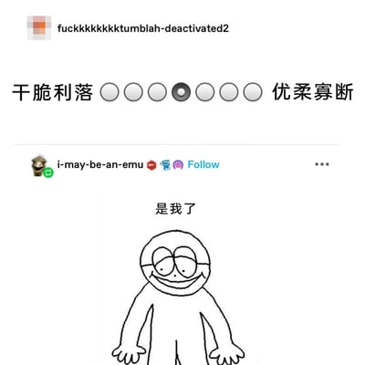 这是一张来自Tumblr平台的社交媒体梗图，上方用户发布了一个以‘干脆利落’为起点、‘优柔寡断’为终点的七档状态滑块，选中了正中间的档位，用来具象化呈现两种性格极端之间的中间状态；下方用户i-may-be-an-emu发布了一幅线条简单的原创简笔画人物，搭配配文‘是我了’，以自我调侃的方式表达自己正处于这种既不完全干脆利落，也不彻底优柔寡断的中间性格状态，用直白的图文形式精准戳中很多人对自身性格的认知，容易引发同类人群的共鸣。