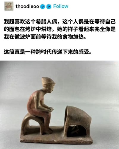 图片上半部分为社交媒体用户thoodleoo的帖子内容，文字描述其对一个希腊人偶的喜爱：人偶正等待面包在烤炉中烘焙，其姿态与现代人在微波炉前等待食物加热的样子极为相似，体现了跨时代的共通感受。下半部分是该希腊人偶的实物照片，人偶呈坐姿，头戴帽子，双手交叠，面向一个小型烤炉状结构，神情专注。