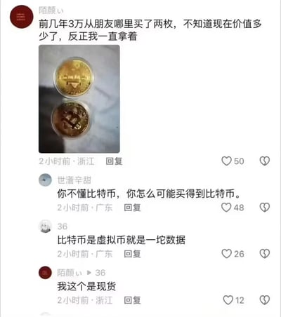 这是一段来自社交平台评论区的内容截图，用户“陌颜い”发布动态，称自己前几年花费3万元从朋友手中购买了两枚带有比特币标识的实体币，同时附上了这两枚被保护壳包裹的金色实体币的图片，询问该“比特币”当前的价值，表示自己一直持有。随后其他网友针对此内容进行回复：用户“世澶辛甜”质疑其不懂比特币的情况下不可能买到比特币；用户“36”指出比特币是虚拟货币，本质只是数据；而“陌颜い”则回复强调自己的是“现货”，由此展开了一场关于比特币的属性、形式的讨论，评论区的点赞数也反映出网友对该话题的关注度。