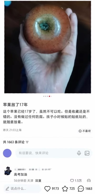 这是一张社交媒体内容截图，上方是实拍画面：一只手托举着一个表皮偏红、果蒂部位完好的苹果，该苹果已被存放了17年；画面下方是发帖人的配文，说明这个苹果未做任何防腐处理，是家中孩子小时候贴贴纸玩后随意放置留存下来的，已经不能食用但有收藏价值；最下方是网友的高赞评论“高考加油”，玩了年龄拟人梗：17岁正好对应国内普通高中三年级学生的年龄，正是要参加高考的阶段，因此网友将存放了17年的苹果拟人化为高三考生，调侃它要参加高考，形成趣味笑点。