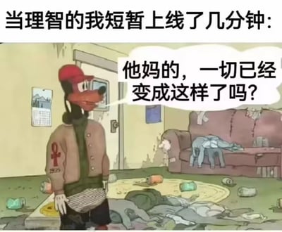 图片展示了一个卡通风格的场景：一只戴着红色帽子、穿着棕色夹克的拟人化狗站在极度凌乱的房间中央。房间内沙发破旧，衣物随意堆放，地上散落着多个饮料罐和垃圾，墙壁有破损痕迹，整体环境脏乱不堪。图片顶部配有文字“当理智的我短暂上线了几分钟：”，角色的对白气泡中写着“他妈的，一切已经变成这样了吗？”，通过夸张的场景和角色的震惊反应，幽默地表现了当理性暂时回归时面对混乱现实的无奈与错愕。