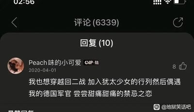 这是一张百度贴吧“地狱笑话吧”的评论区屏幕截图，界面顶部显示该评论所在的主评论区共有6339条评论，当前查看的这条评论有10条回复。用户“Peach味的小可爱”在2020年4月1日发布了这条评论，内容为想要穿越回二战时期，以犹太少女的身份和德国军官发展所谓“禁忌之恋”，完全无视二战期间纳粹德国对犹太人实施的种族灭绝暴行，是对历史的严重歪曲和不尊重，这条评论获得了8个点赞。截图右下角带有“@地狱笑话吧”的水印，表明了内容的来源社区。