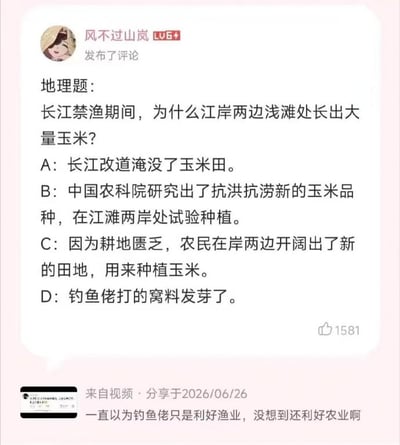 这是一张社交媒体评论截图，展示了哔哩哔哩LV6+用户「风不过山岚」发布的一道恶搞地理题：题干询问长江禁渔期间江岸浅滩长出大量玉米的原因，给出的四个选项里前三个都是看似合理的常规思路，第四个选项则是钓鱼佬打的窝料发芽了，截图底部配文调侃原本以为钓鱼爱好者只会利好渔业，没想到还能利好农业，内容玩钓鱼爱好者常投放大量窝料的群体梗，用离谱又贴合生活现象的答案制造笑点。