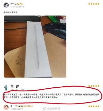 图片展示了某触控笔的用户评论区截图，包含两条五星好评。上方评论来自用户“f***三”，内容为“很好体验很不错”并附带一张触控笔实物图（白色笔身置于木质桌面上，旁边有黑色鼠标和书籍）；下方评论来自用户“末***5”，被红色圆圈重点标注，其内容极具反差感：“图片我就不放了，很朴实无华的一个笔。但是我要说一个究极爽点，可能我是m。被轻微小电流点到真的有被爽到。我变态死了【链接平板充电时把下巴移到鼻尖饥渴h】”，评论内容因描述被电流电击产生“爽感”而显得格外奇葩搞笑。