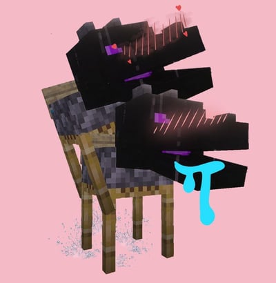 这是一张基于沙盒游戏《Minecraft》（我的世界）的二次创作恶搞图，将游戏中的BOSS级生物凋灵的两个头部卡在了游戏内的木质椅子结构中。凋灵的头部被添加了脸红爱心的害羞享受表情，画面右下角还有蓝色滴落状的恶搞特效，椅子下方也有类似水花的效果，整体是玩游戏里角色卡模型的荒诞搞笑梗，没有双关或谐音，属于玩家自制的整活内容。