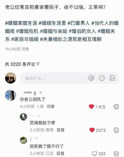 这是一张中文社交媒体情感提问帖的截图，原发帖人在顶部提出问题：「老公经常去前妻家看孩子，夜不归宿，正常吗？」，附带了十余个和婚姻家庭相关的话题标签，帖文发布于10小时前，属地为河南，共有3220条评论。下方展示了三条热评，第一条热评是来自上海网友的「你老公回轨了」，获得了1.8万赞，后续两条评论分别表示被这个评论逗笑，分别获得2372赞和322赞。这个评论的笑点在于一语双关：对应「出轨」的概念，「回轨」调侃老公其实是旧情复燃，回到了前妻身边，暗指当前婚姻已经出问题，这个巧妙的双关引发了网友的笑点。
