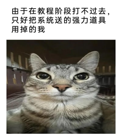 这是一张图文混排的趣味表情包，上方配有文字“由于在教程阶段打不过去，只好把系统送的强力道具用掉的我”，描述了游戏玩家在本该难度较低的教程关卡就陷入困境，不得不提前使用系统赠送的珍贵强力道具的窘迫处境；下方是一只眼睛瞪大、神情委屈又无奈的狸花猫，它的表情完美契合了玩家那种心疼道具却又别无选择的复杂心情，常用于游戏社群中调侃新手玩家或手残玩家的游戏经历，充满自嘲与趣味。