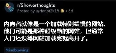 Reddit论坛r/Showerthoughts板块的帖子截图，用户u/Harjot2k18 3天前发布。内容用生动比喻描述内向者：'内向者就像是一个加载特别缓慢的网站。他们可能是那种超级酷的网站，但通常人们还没等网站加载完就离开了。' 底部标有'Mindblowing'标签，形象表达了内向者在社交中常被快速忽略的现象，引发共鸣与思考。